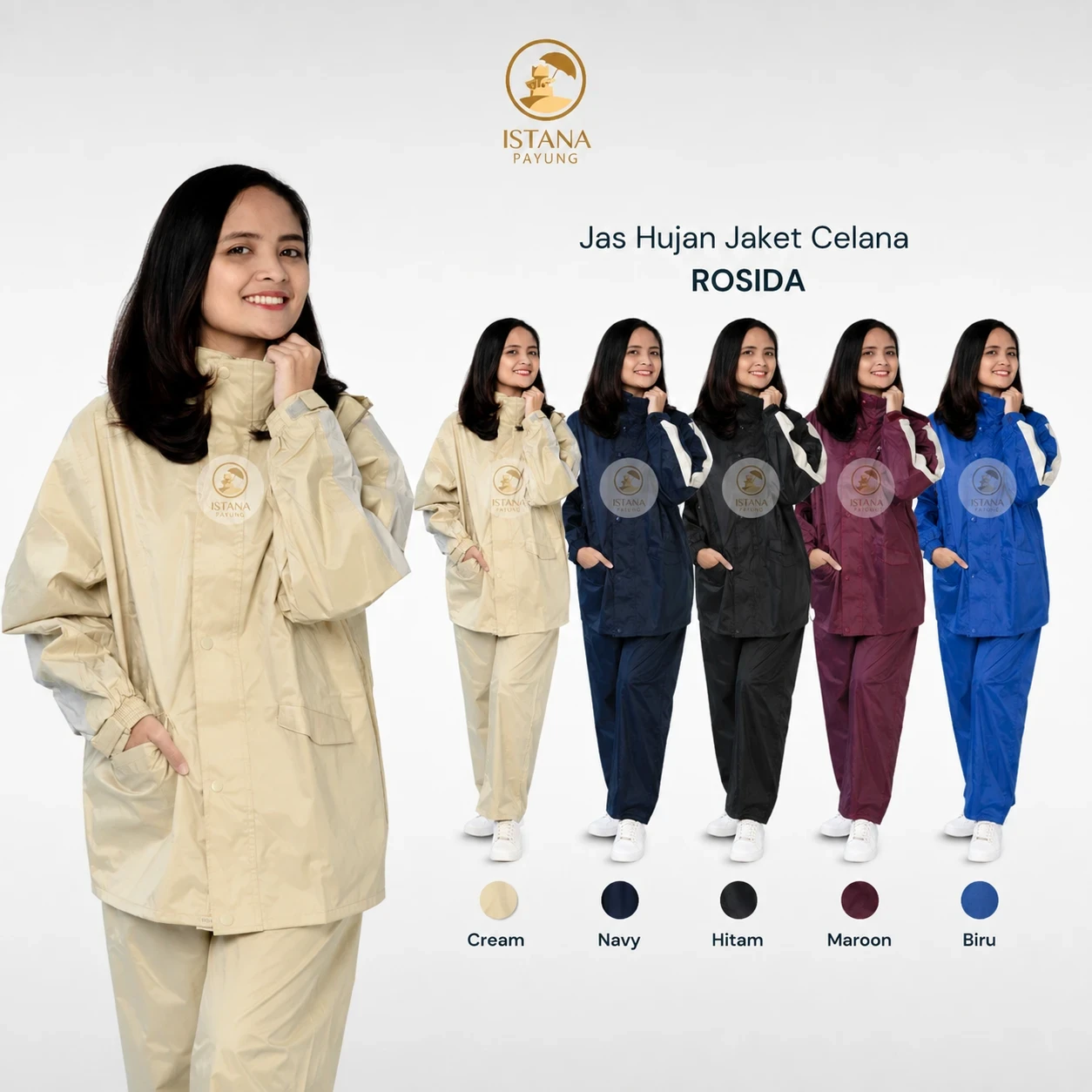 Jas hujan setelan Rosida dari Istana Payung — jaket + celana, tersedia warna cream, navy, hitam, maroon, dan biru