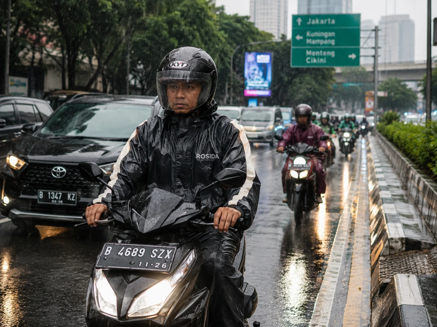 Pengendara motor di Jakarta memakai jas hujan Rosida saat hujan deras di jalan protokol